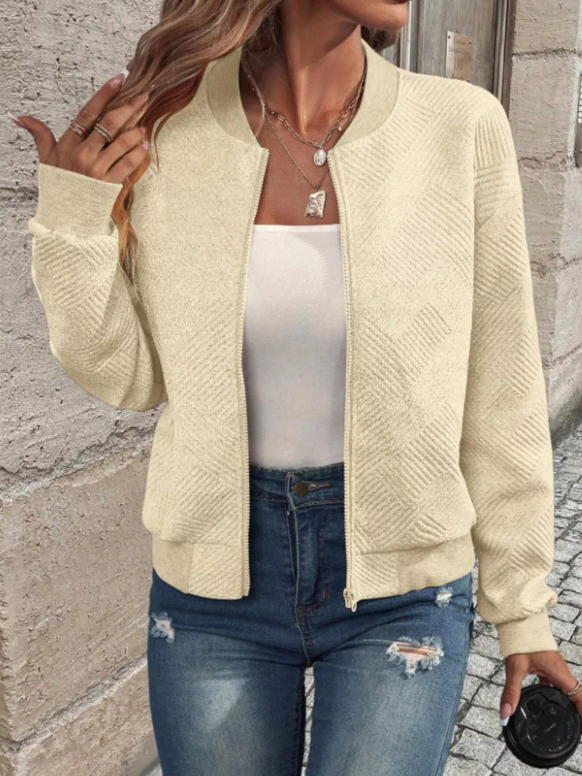 Textured Knit Zip-Up Bomber Jacket in Light Yellow