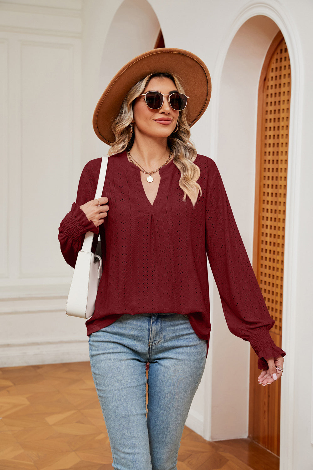 Notched Neck Flounce Sleeve Blouse in Wine