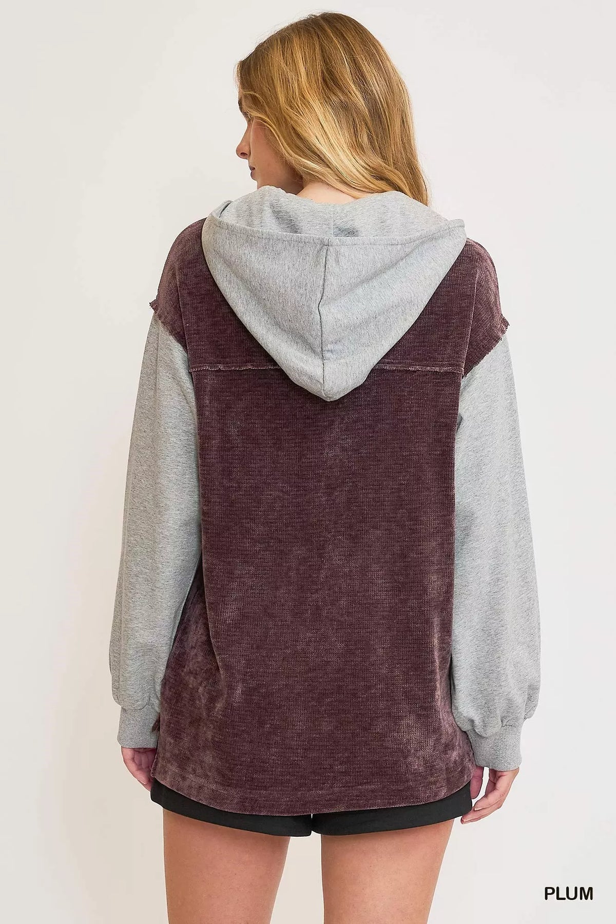 Umgee Contrast Hooded Chenille Jacket in Plum, view 4