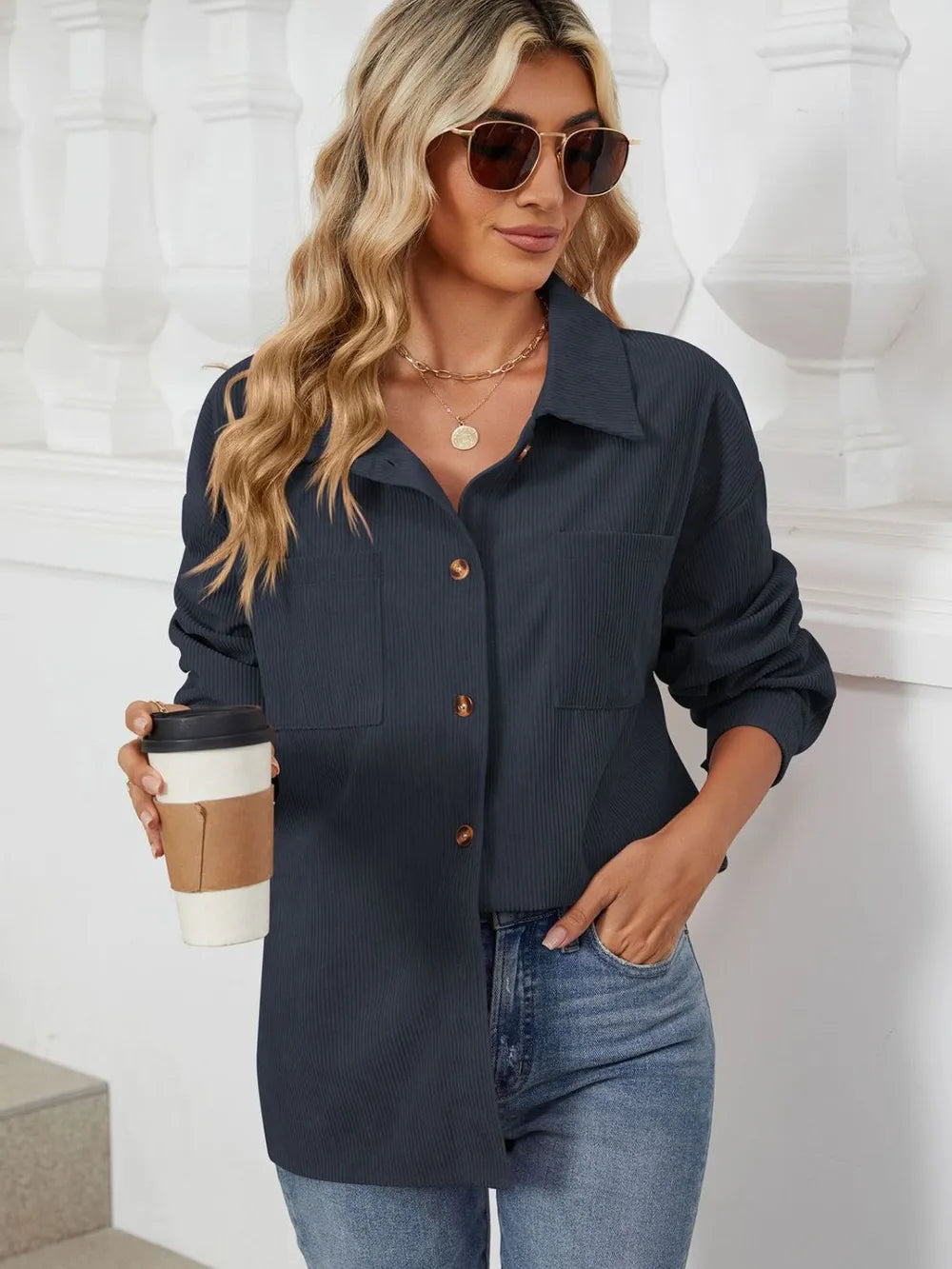 Button Up Dropped Shoulder Long Sleeve Outerwear - Lilixa.store