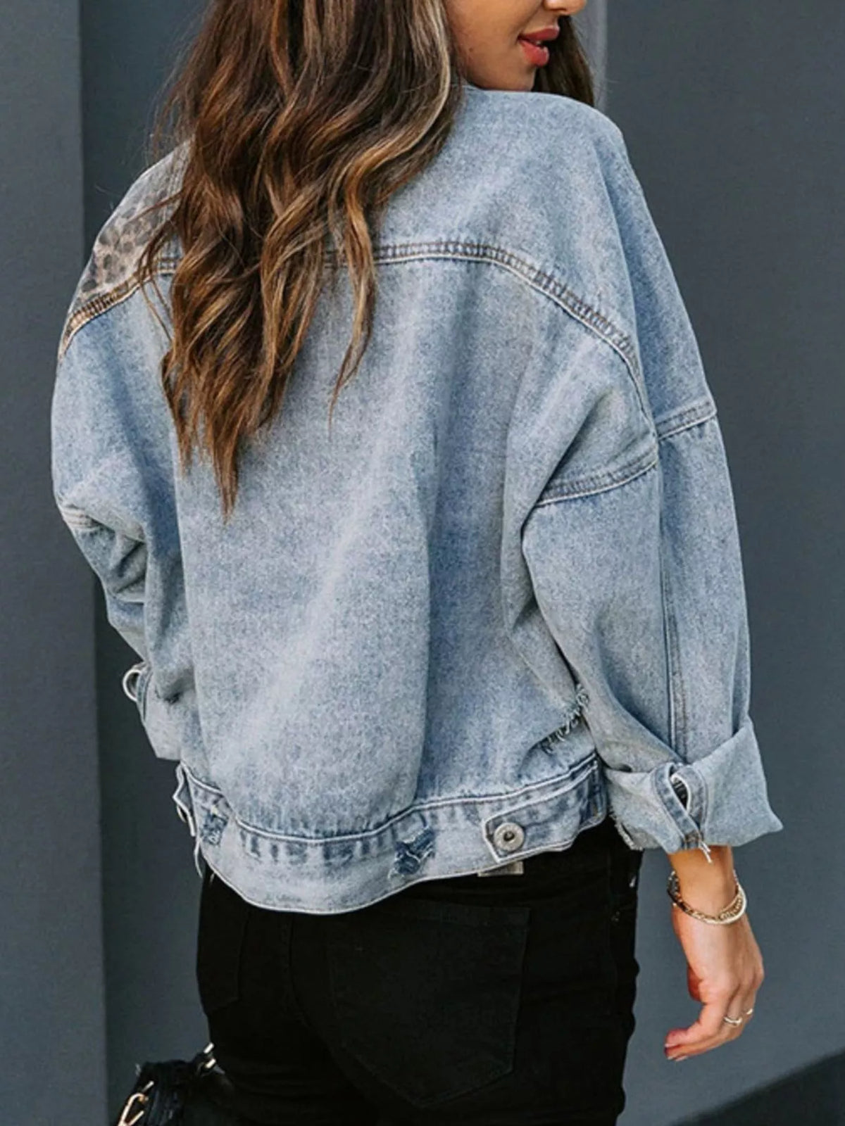 Leopard Button Up Denim Jacket, view 7