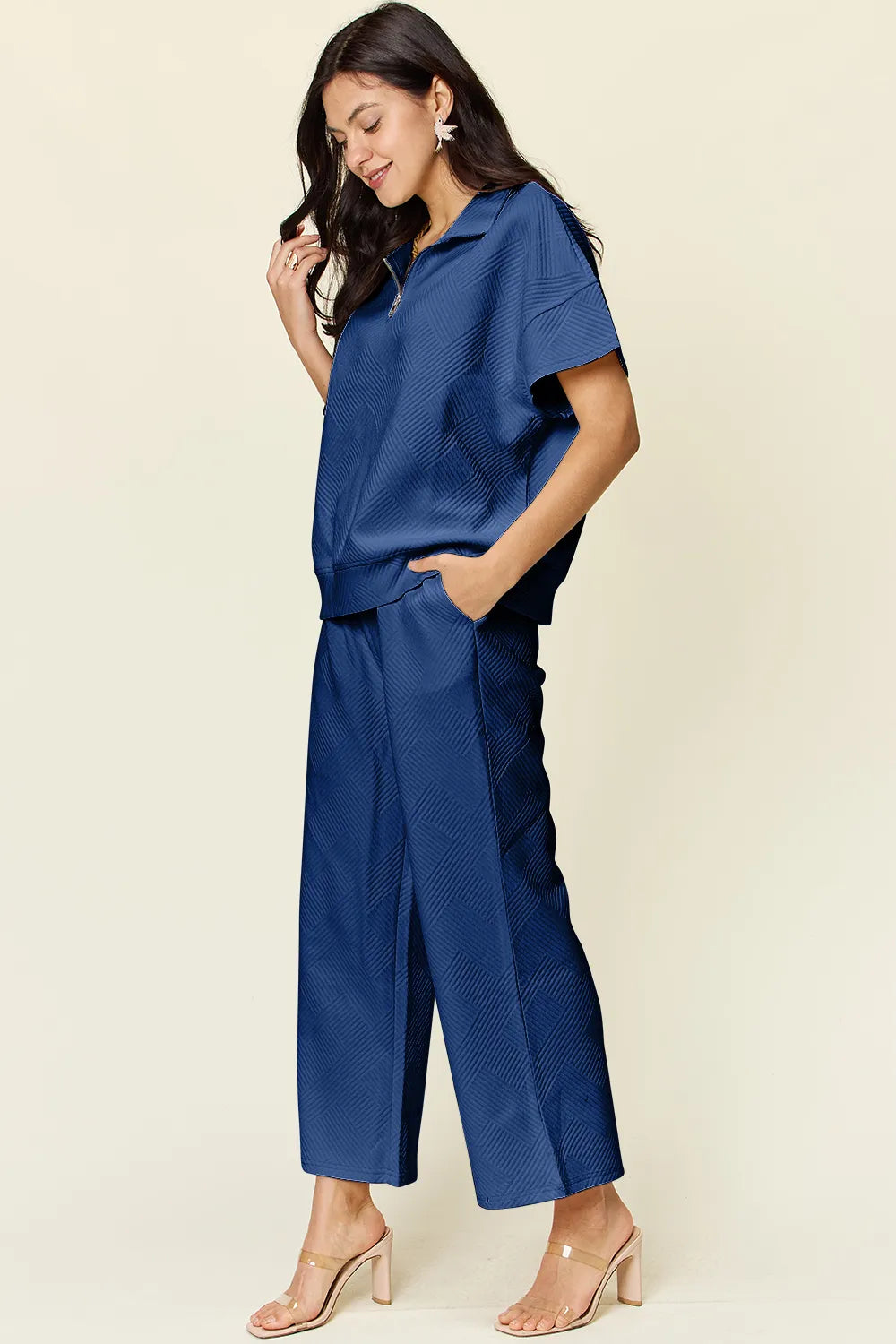 Double Take Full Size Texture Half Zip Short Sleeve Top and Pants Set, view 24
