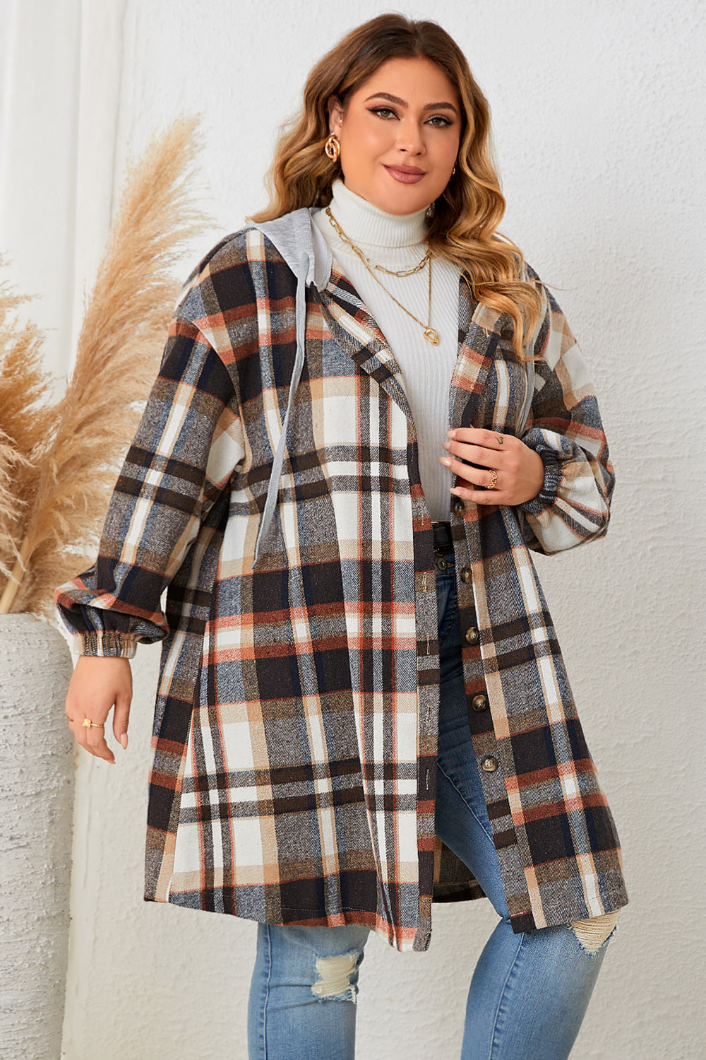 Honey Plus Size Plaid Drop Shoulder Hooded Coat - Lilixa.store