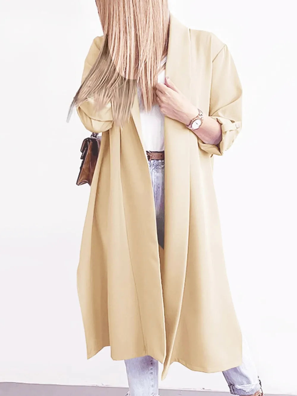 Slit Open Front Roll-Tab Sleeve Trench Coat - Lilixa.store