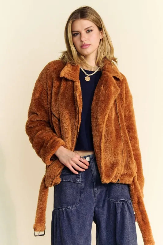 Davi & Dani Fuzzy Zip Up Collared Neck Jacket in Brown, view 4