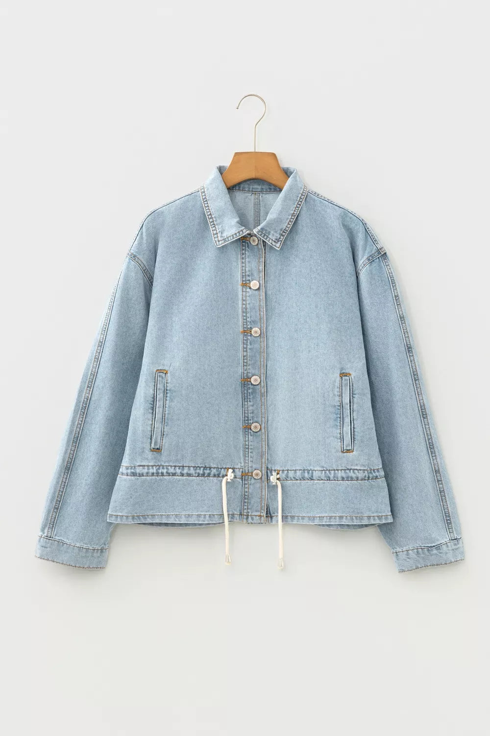 Draw-cord Hem Light Wash Denim Jacket in Light Blue, view 3