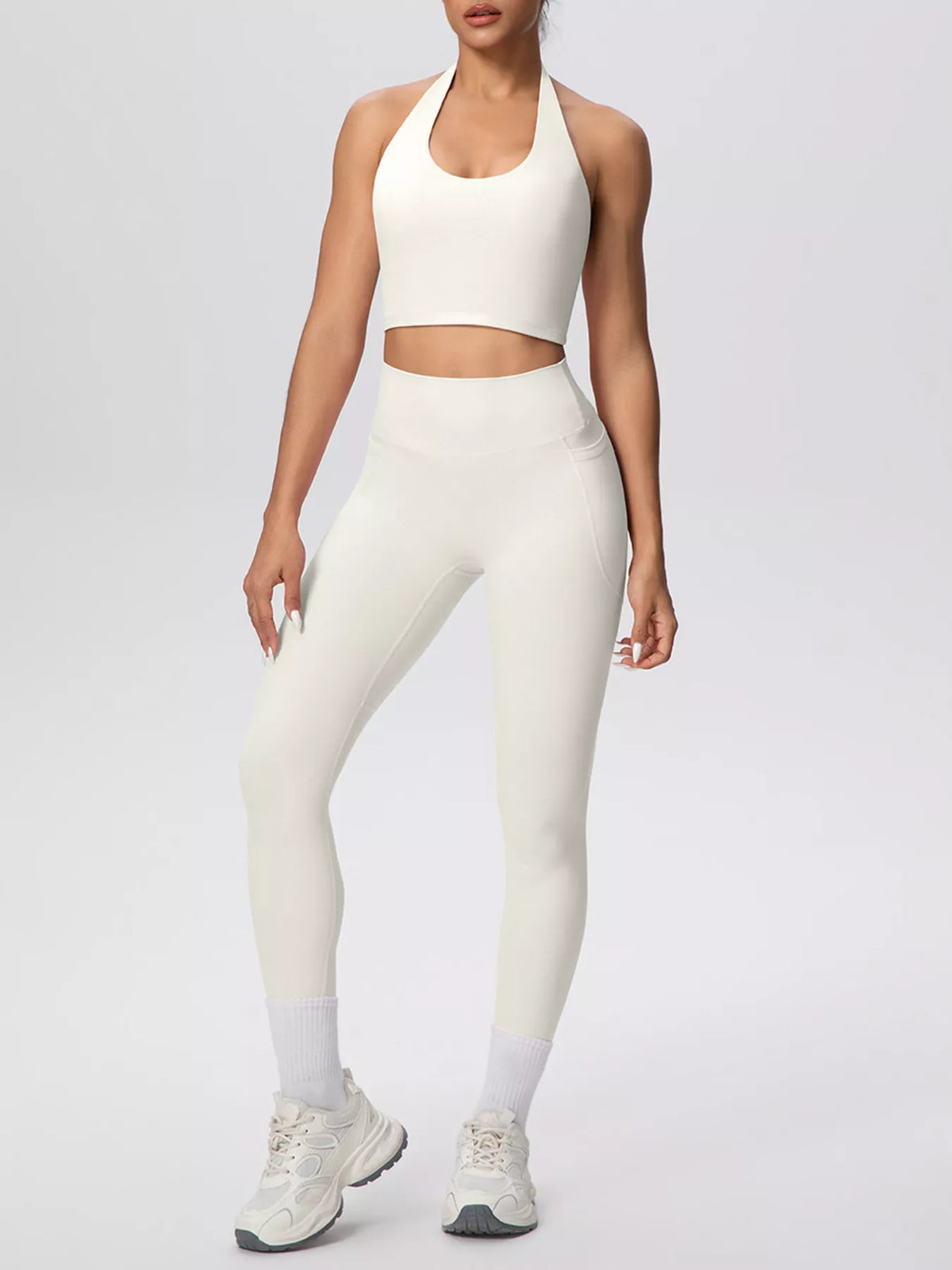 Halter Neck Crop Top and High-Waisted Leggings Active Set in Cream