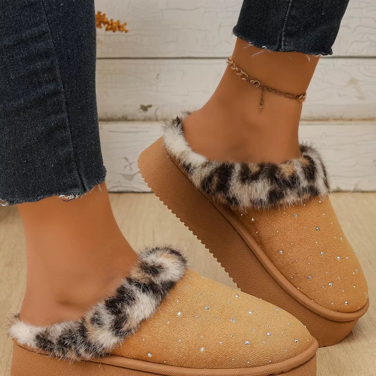 Rhinestone Faux Fur Platform Slippers - Lilixa.store