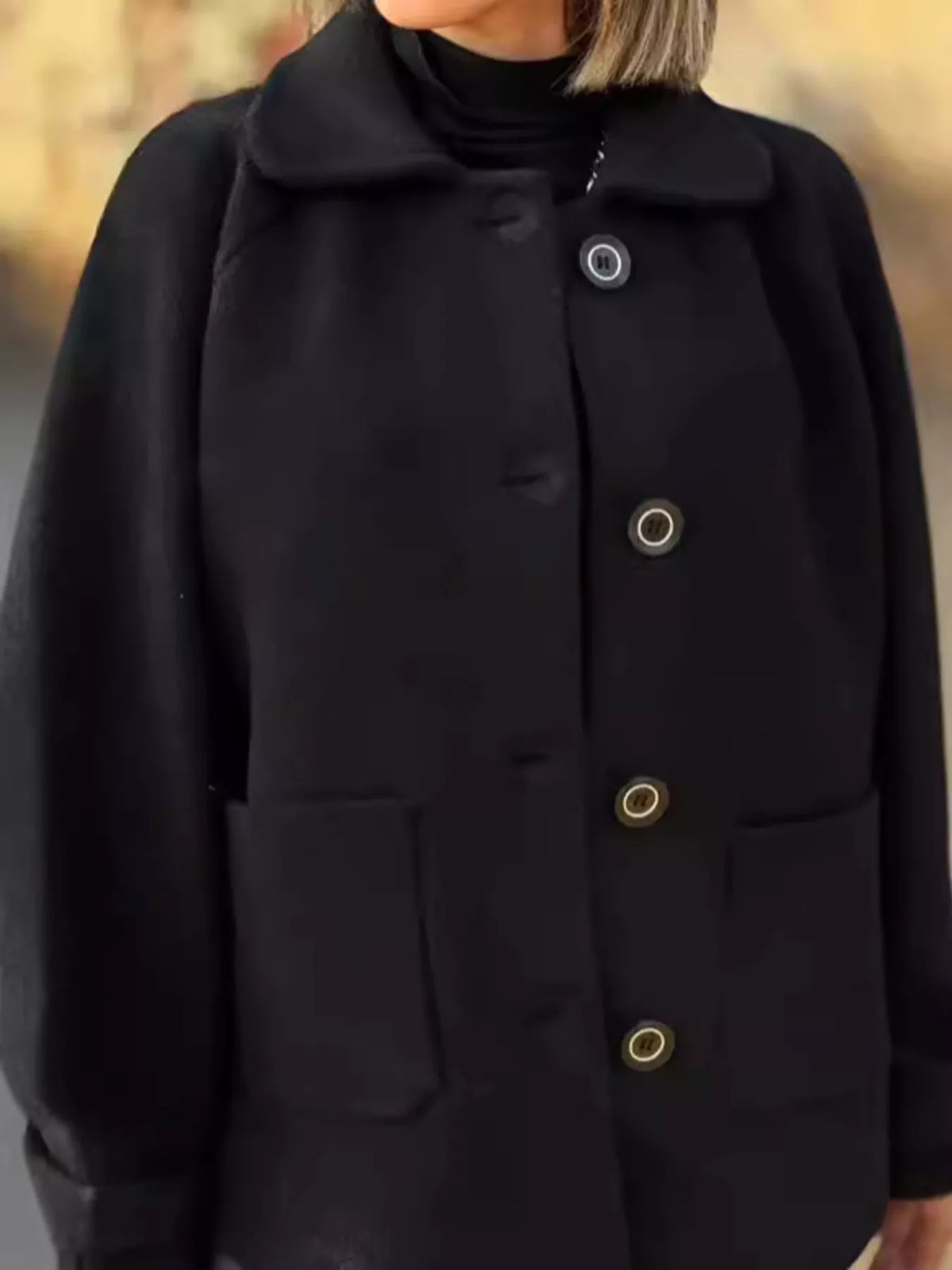 Full Size Button-Front Raglan Sleeve Coat Plus Size in Black