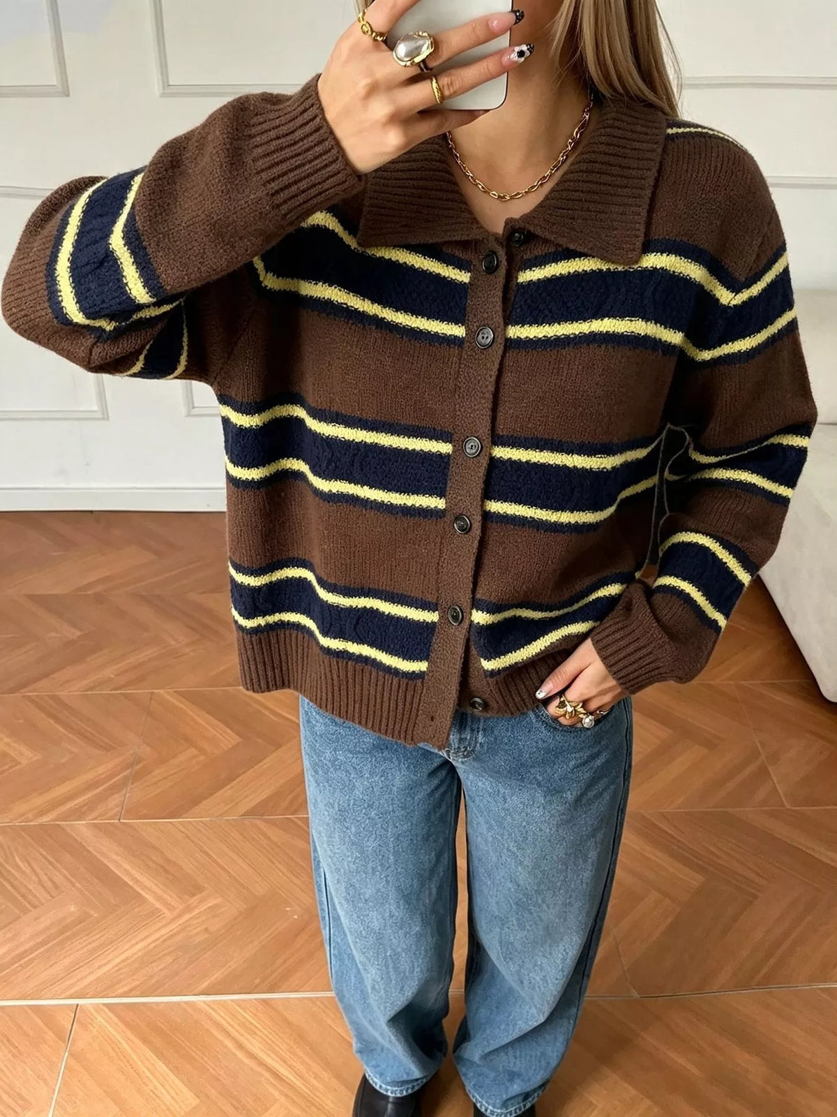 Vintage-Inspired Striped Knit Cardigan with Polo Collar in Brown