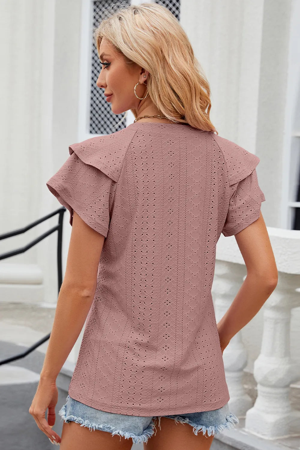 Eyelet Notched Flutter Sleeve T-Shirt - Lilixa.store