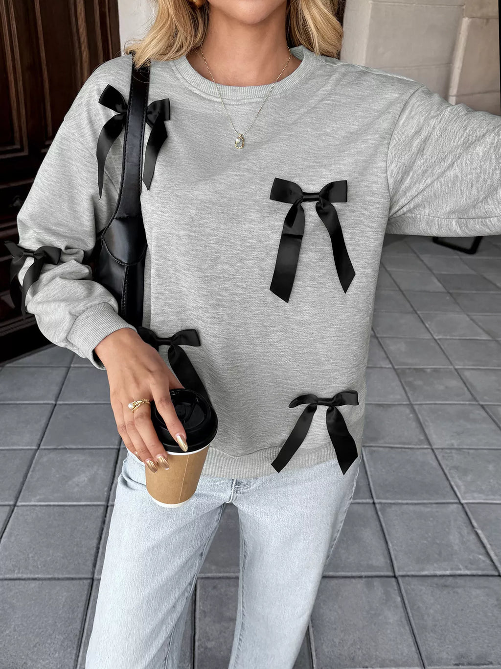 Bow Detail Round Neck Sweatshirt - Lilixa.store