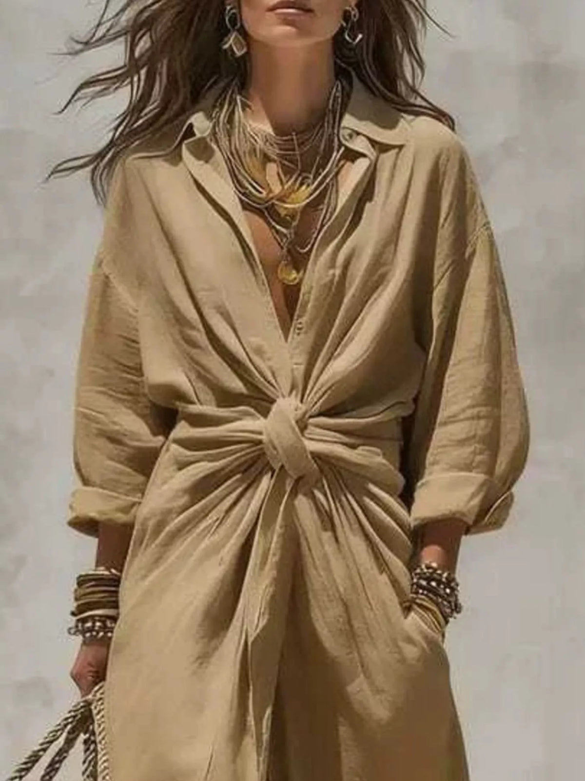 Front-Tie Maxi Shirt Dress - Lilixa.store