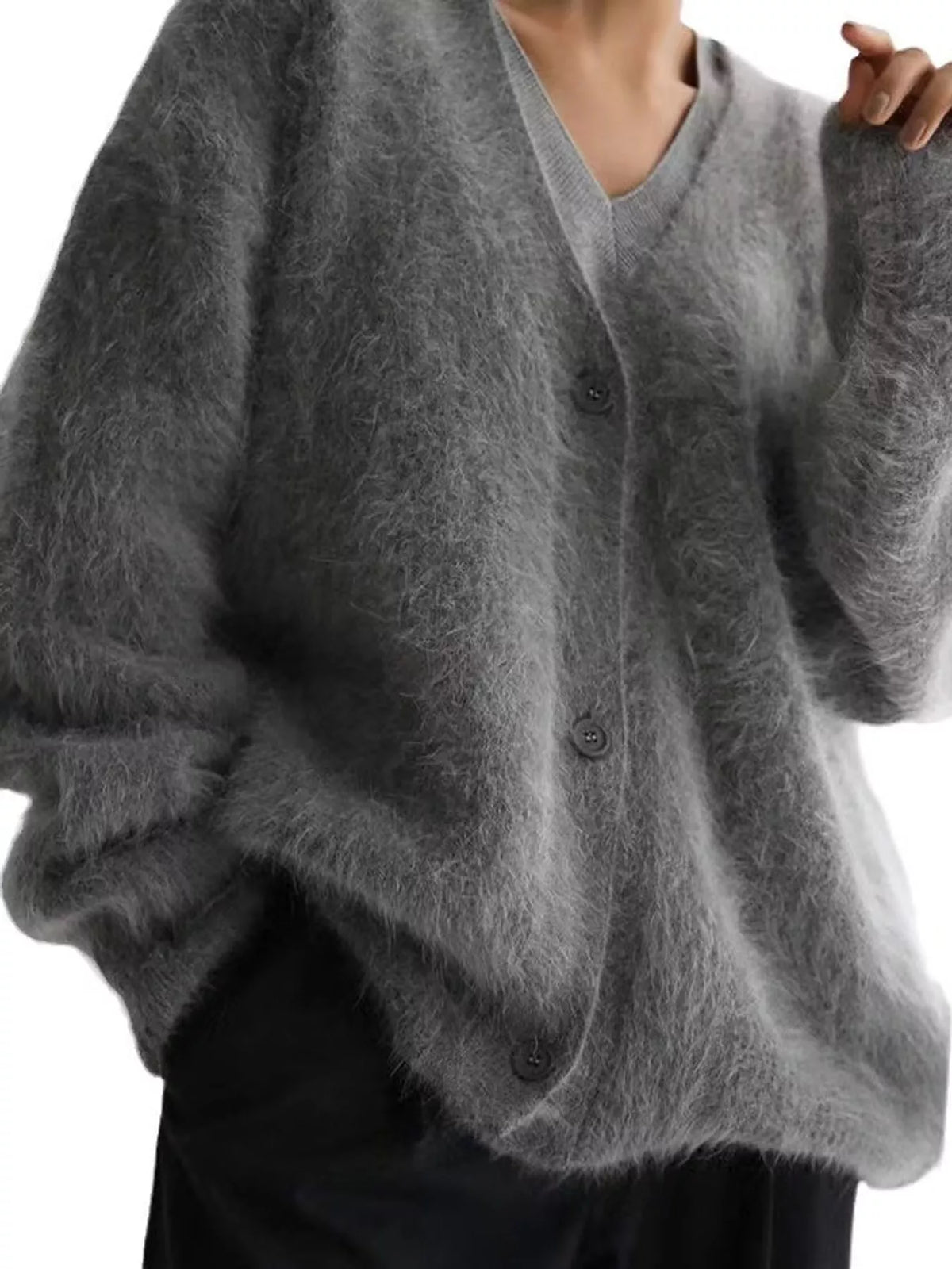 Fuzzy V-Neck Button-Down Cardigan, view 4