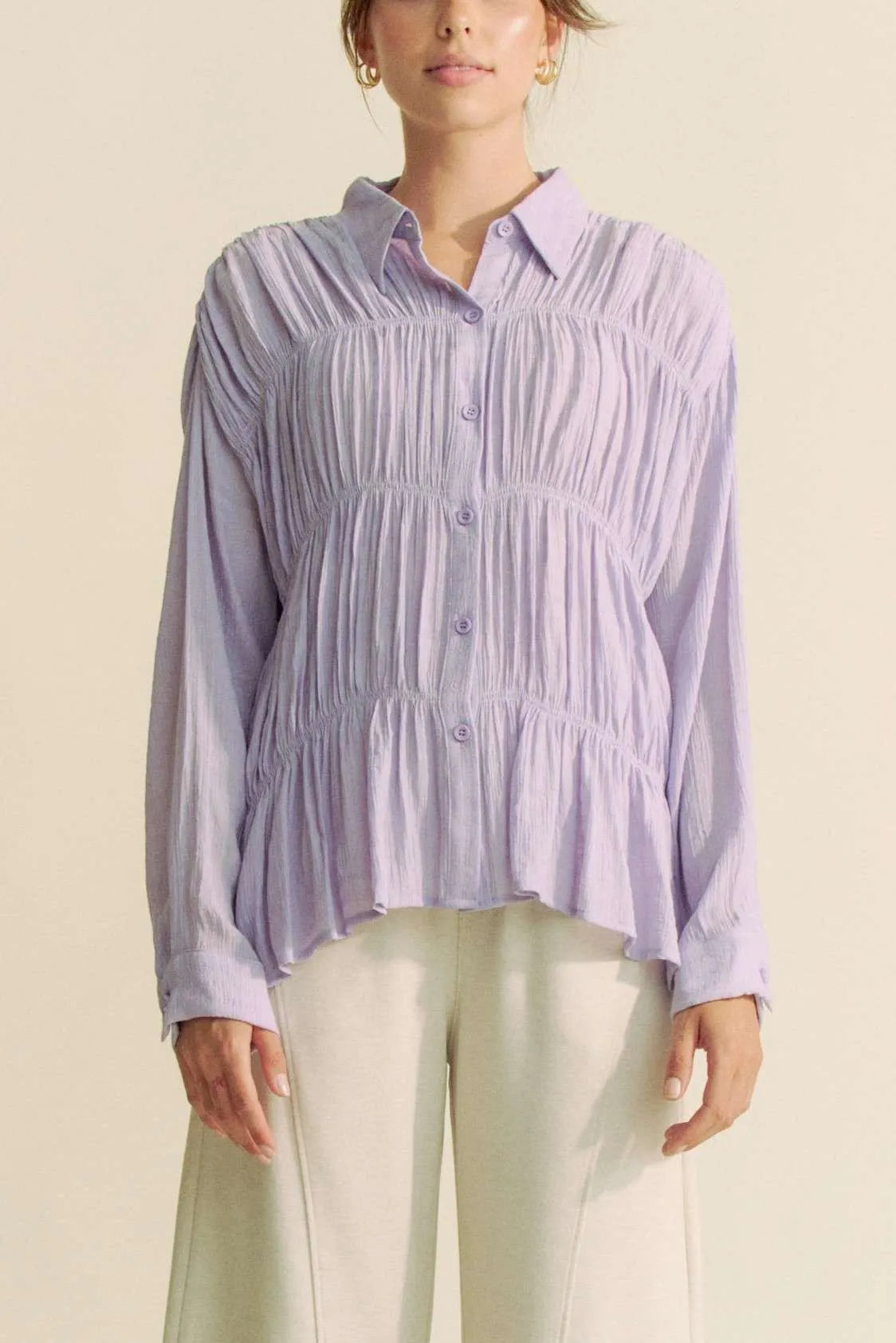 Davi & Dani Ruched All Over Button Front Shirt - Lilixa.store