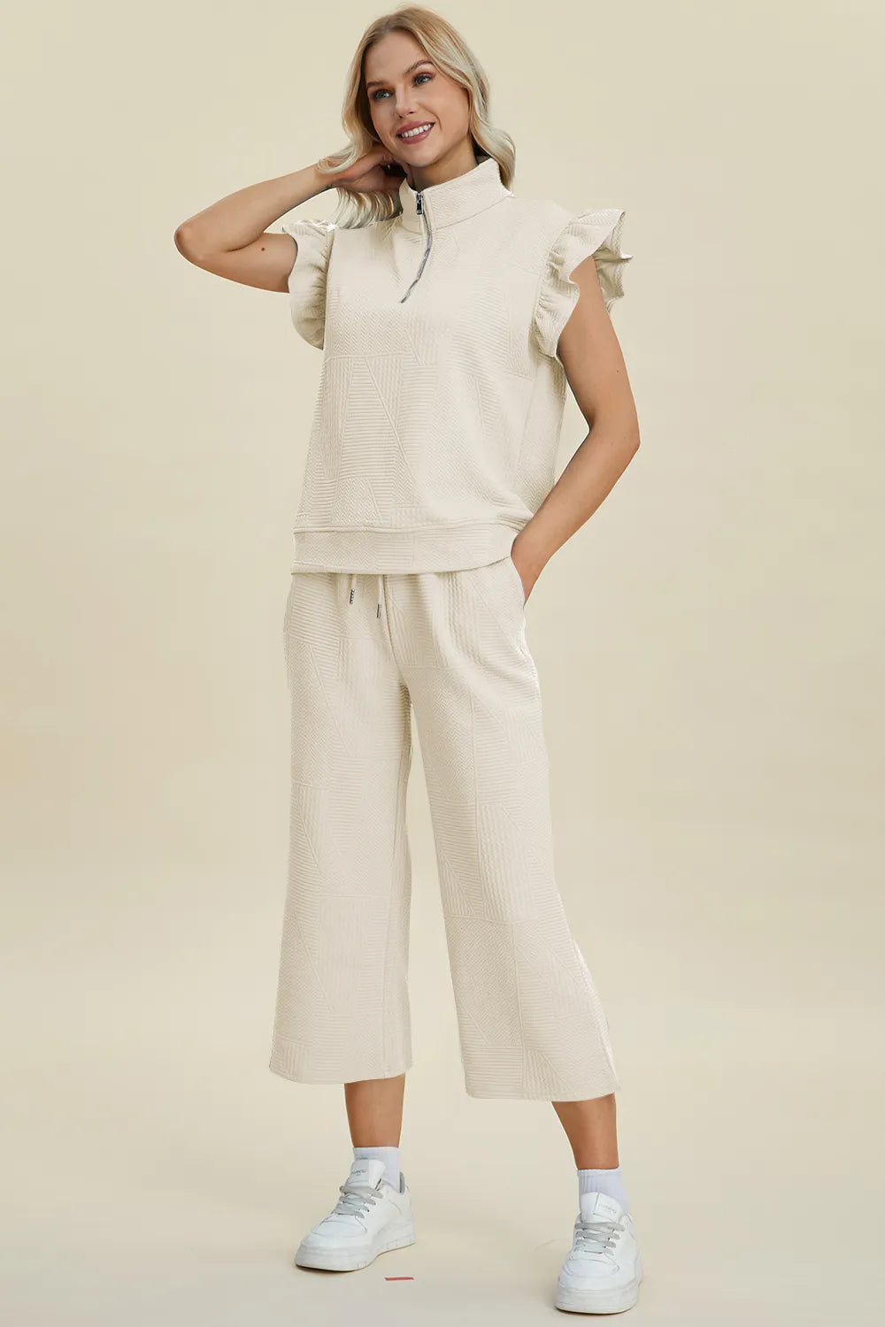 Double Take Full Size Texture Ruffle Short Sleeve Top and Wide Leg Pants Set in Ivory