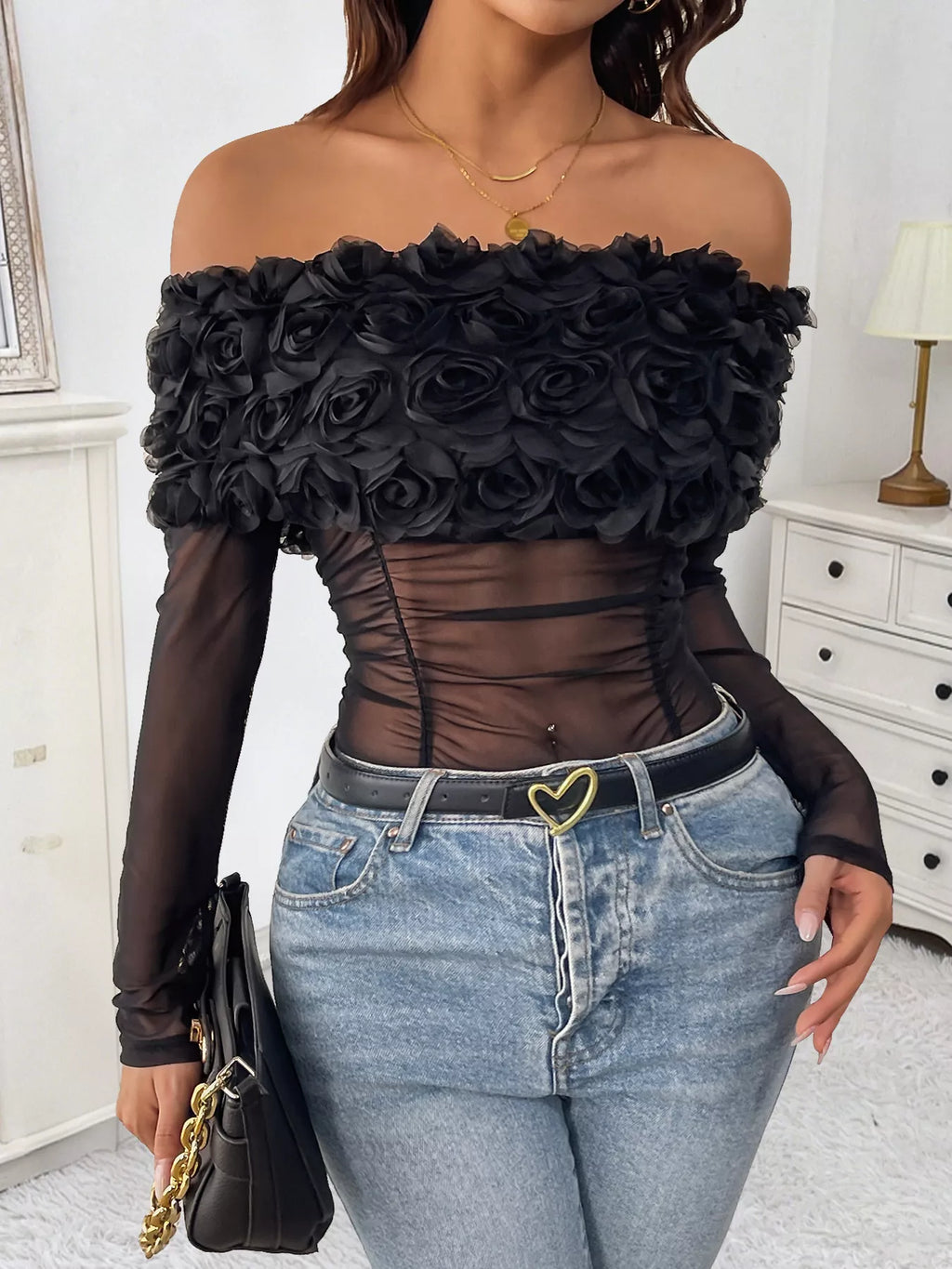 Flower Off-Shoulder Mesh Bodysuit - Lilixa.store