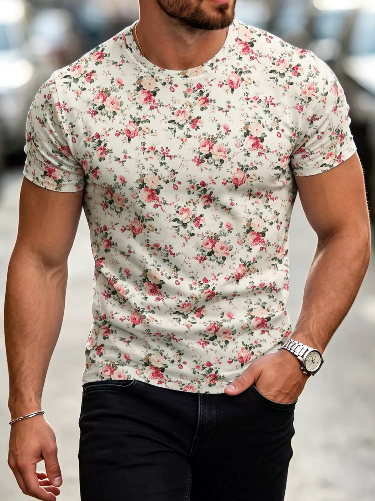 Men's Plus Size Floral Print Slim Fit T-Shirt - Lilixa.store