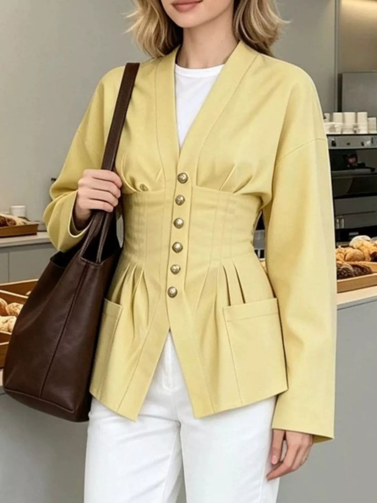 Pleated Waist Blouse with Button Detail, view 8