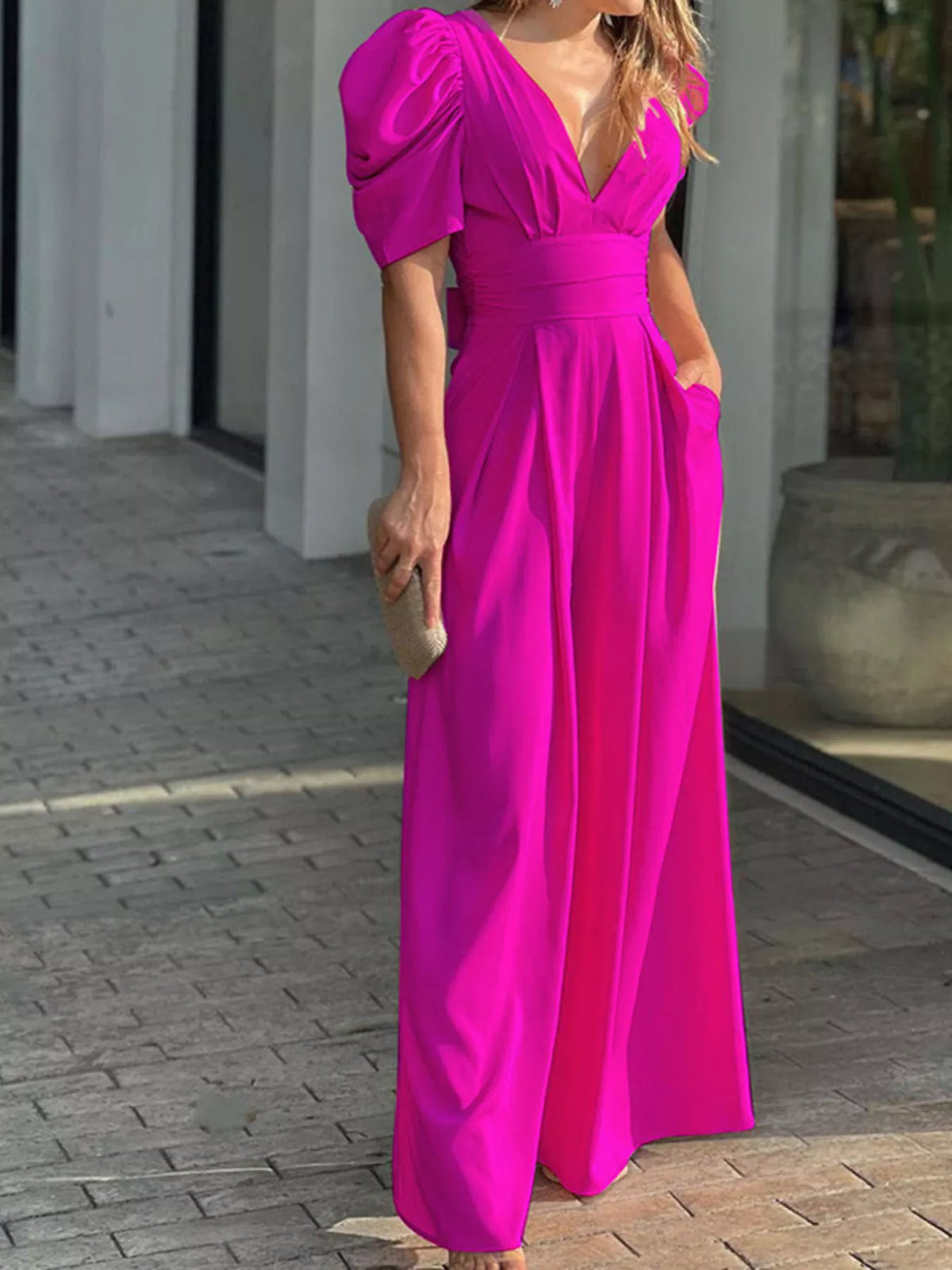 Puff Sleeve Wide Leg Jumpsuit in Hot Pink