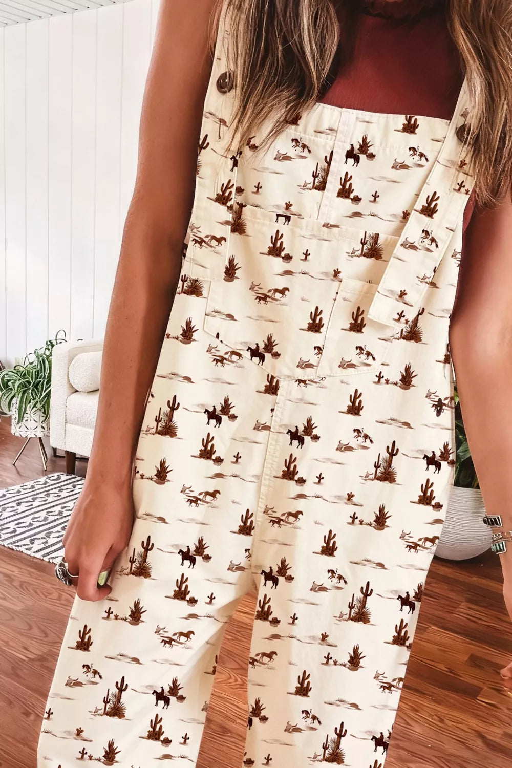 Western Printed Button Adjustable Straps Loose Jumpsuit - Lilixa.store