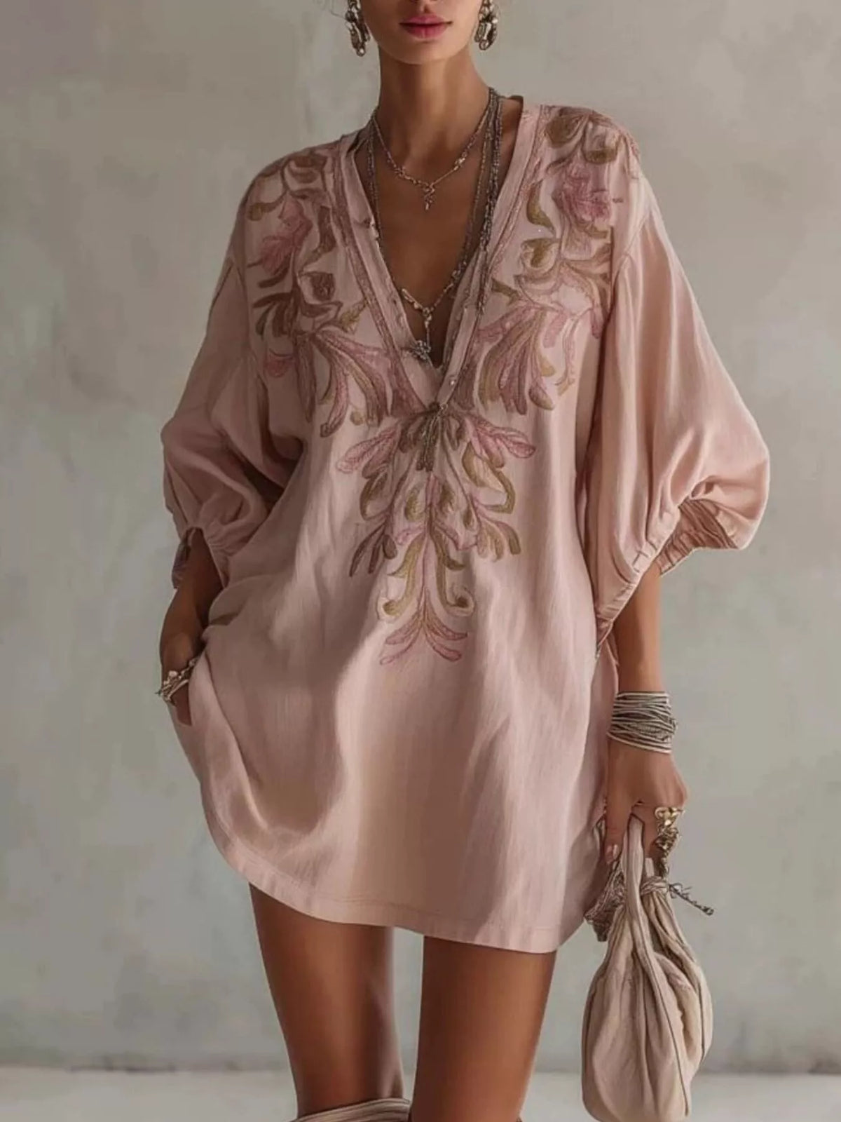 Full Size Embroidered V-Neck Mini Dress Plus Size - Lilixa.store