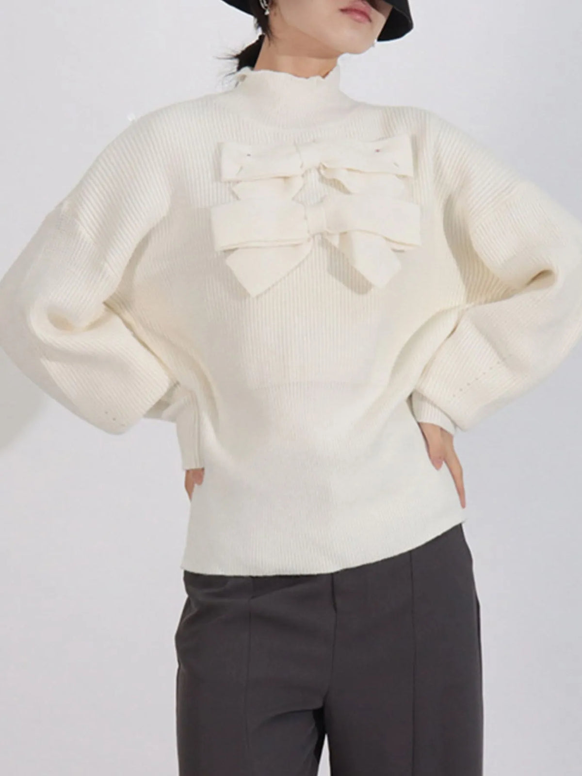 Bow Front Turtleneck Long Sleeve Sweater - Lilixa.store