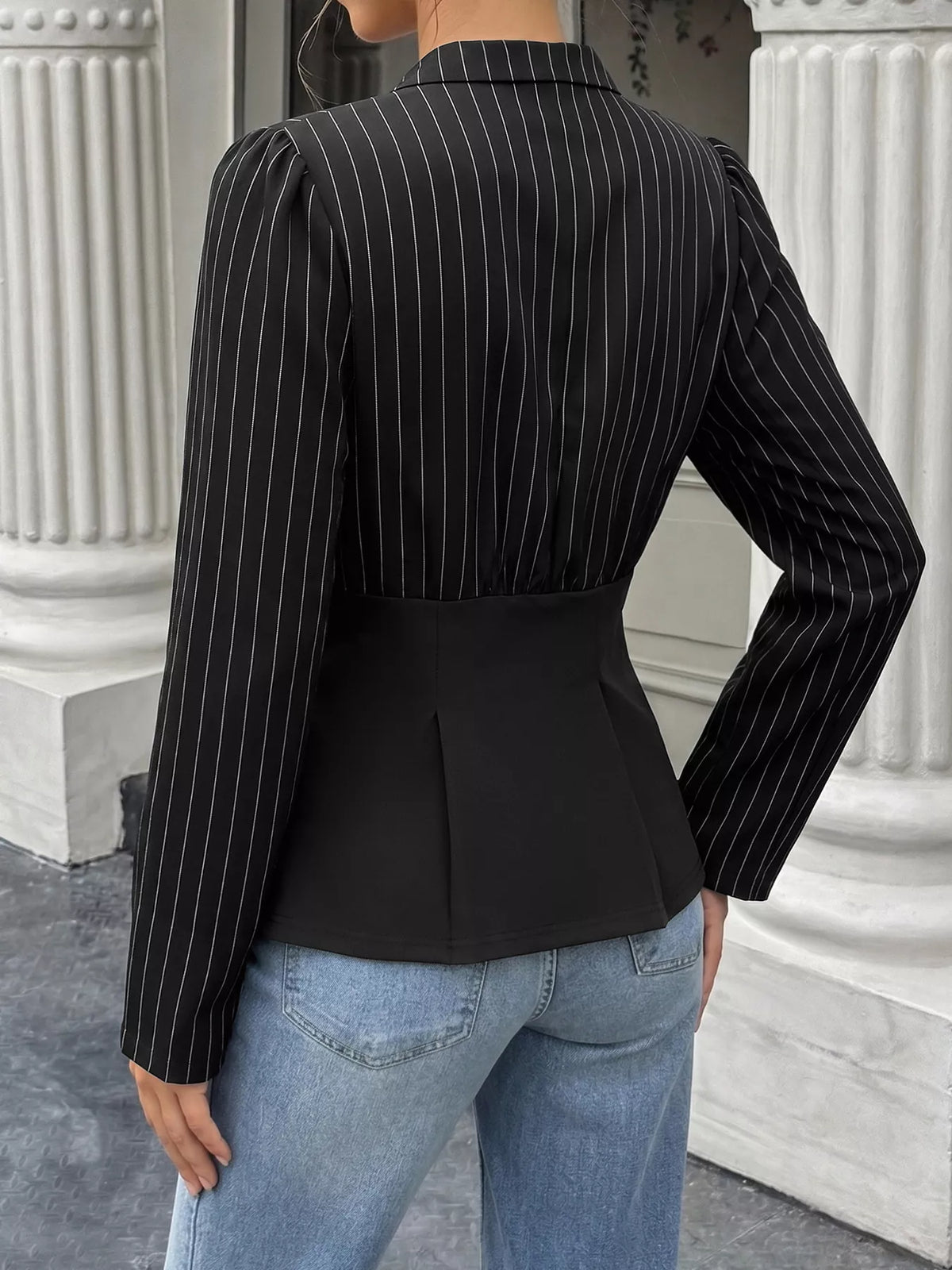 Striped Long Sleeve Peplum Blouse in Black, view 4