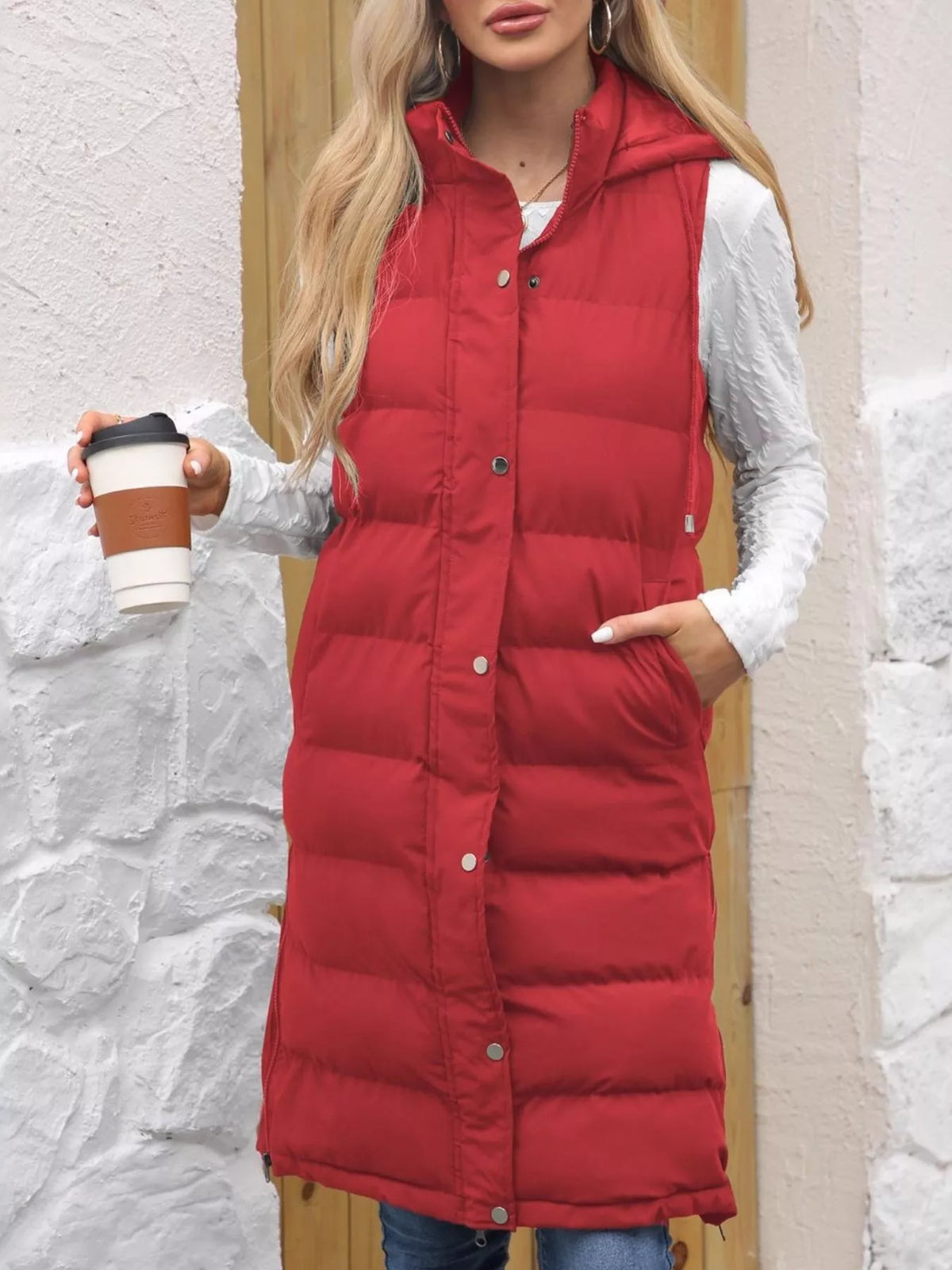 Full Size Snap Down Hooded Padded Longline Vest Coat Plus Size in Red