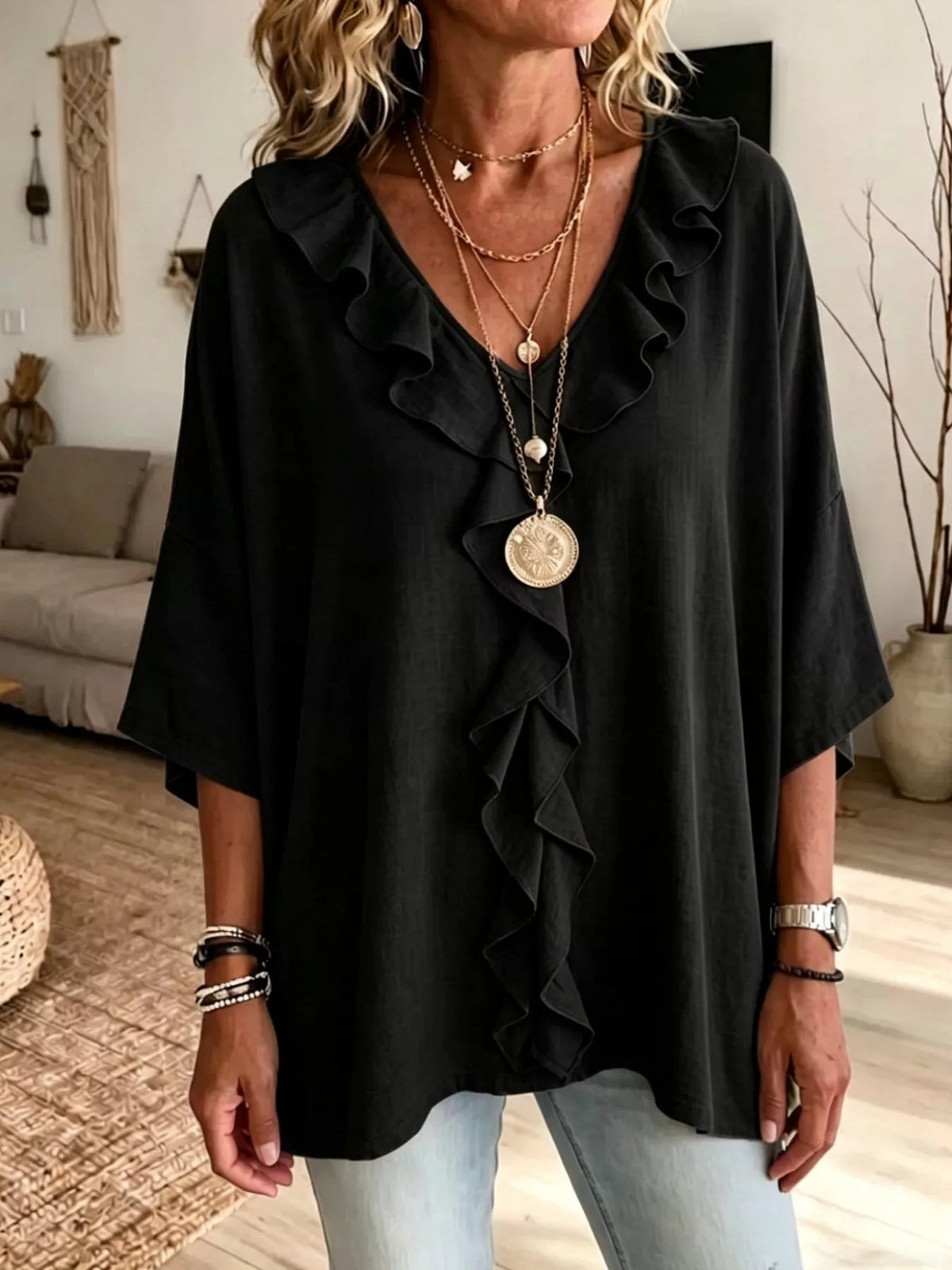 Full Size Ruffle V-Neck 3/4 Sleeve Blouse Plus Size - Lilixa.store