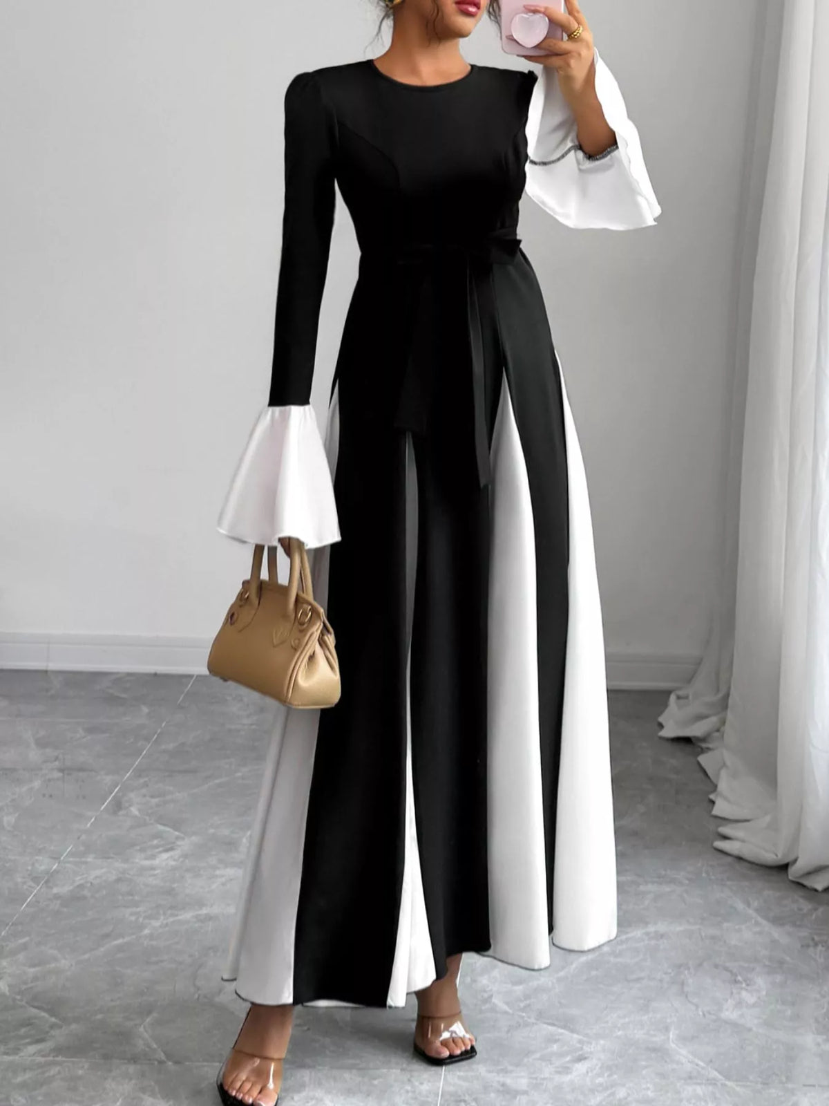 Contrast Round Neck Flare Sleeve Maxi Dress - Lilixa.store