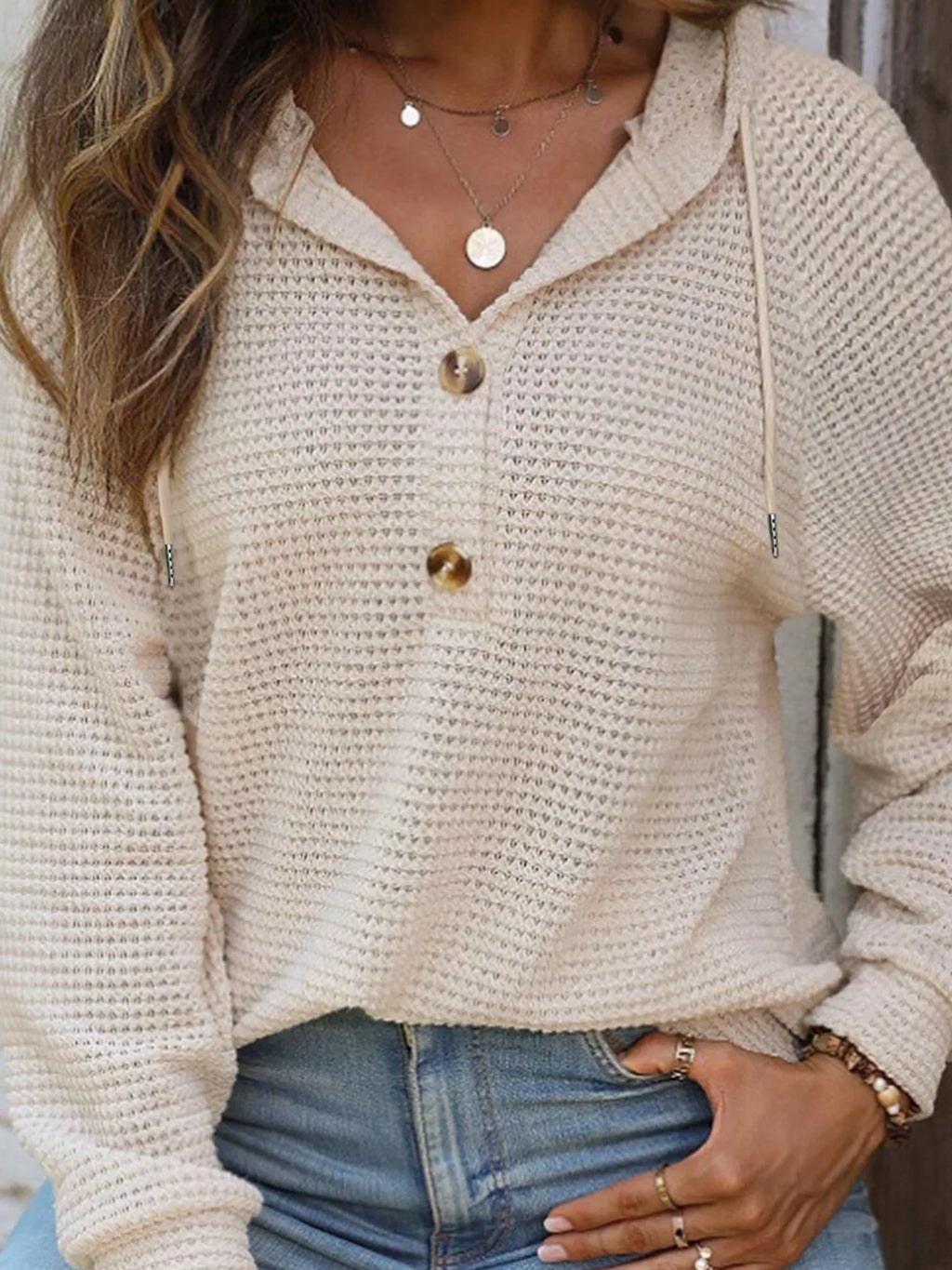 Casual Waffle Knit Button Detail Hoodie - Lilixa.store