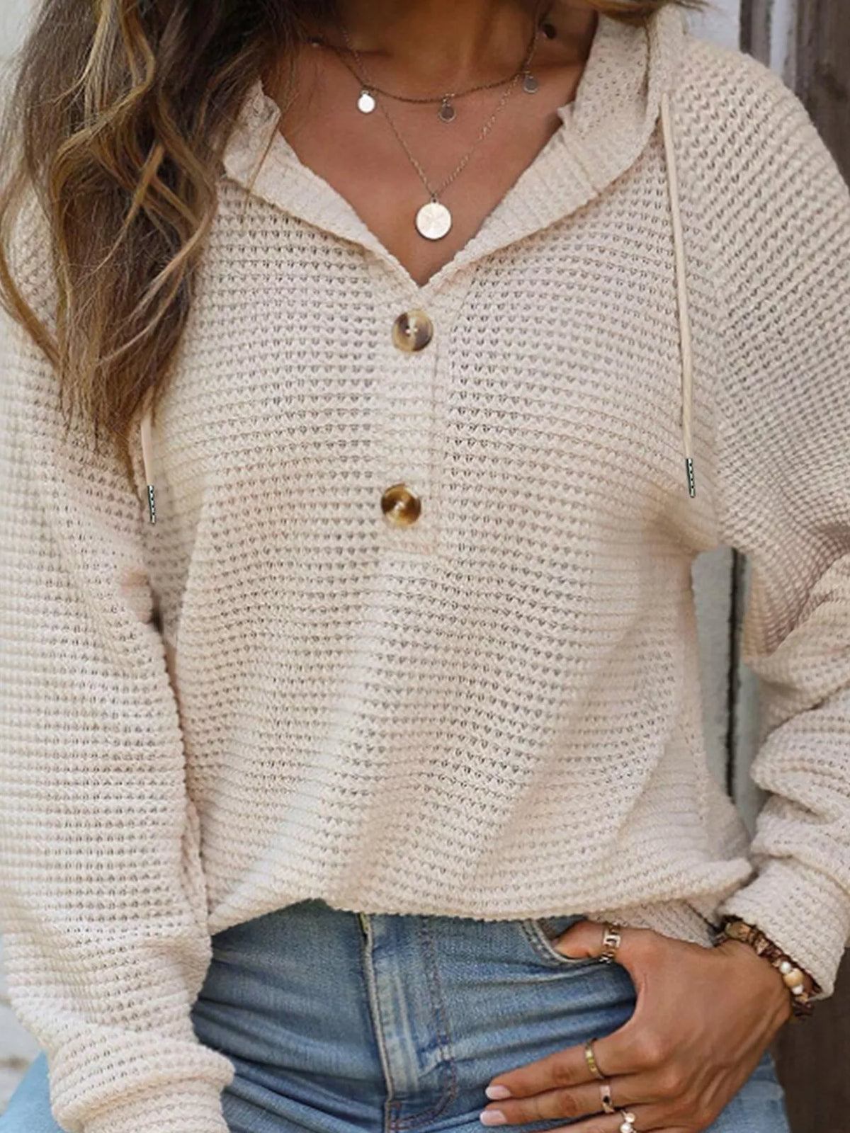 Casual Waffle Knit Button Detail Hoodie, view 3