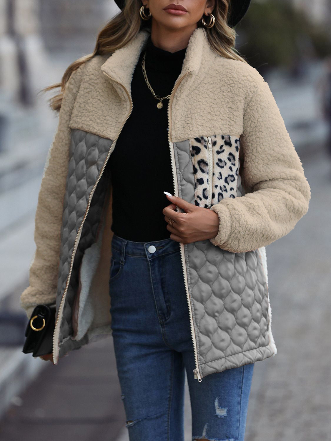 Leopard Color Block Zip-Up Jacket, view 10