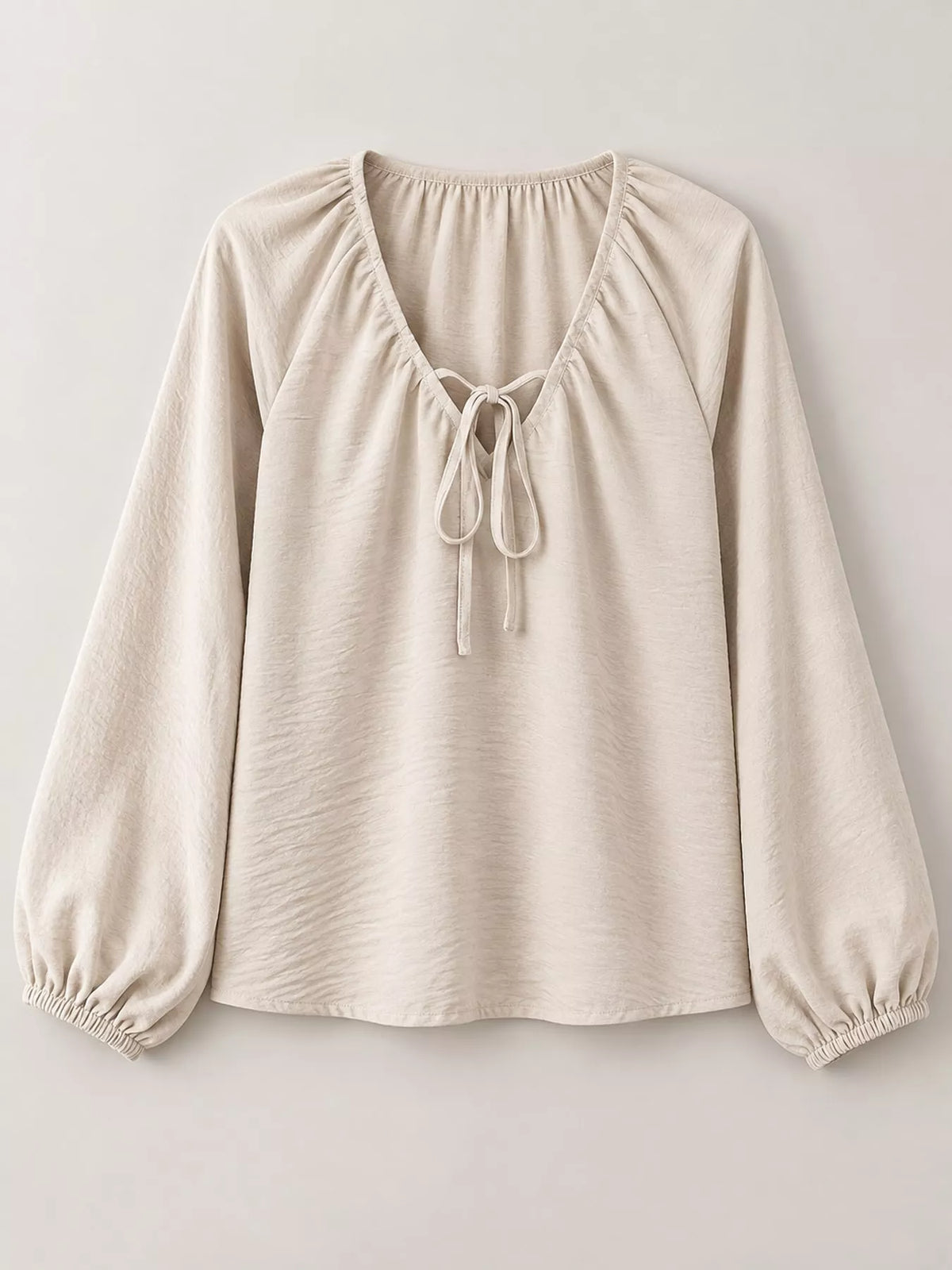 V-Neck Tie-Front Long Sleeve Blouse with Textured Fabric in Apricot, view 8