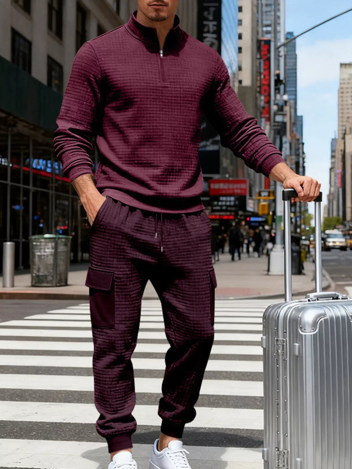 Men's Full Size Quarter-Zip Top and Cargo Joggers Set Plus Size - Lilixa.store