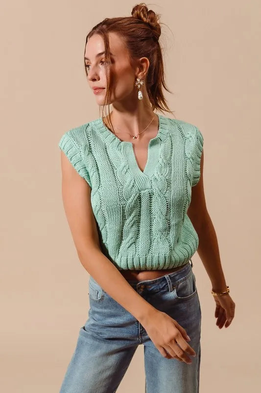 SO ME Notched Neck Cable Knit Sweater Vest in Dusty Sage, view 3