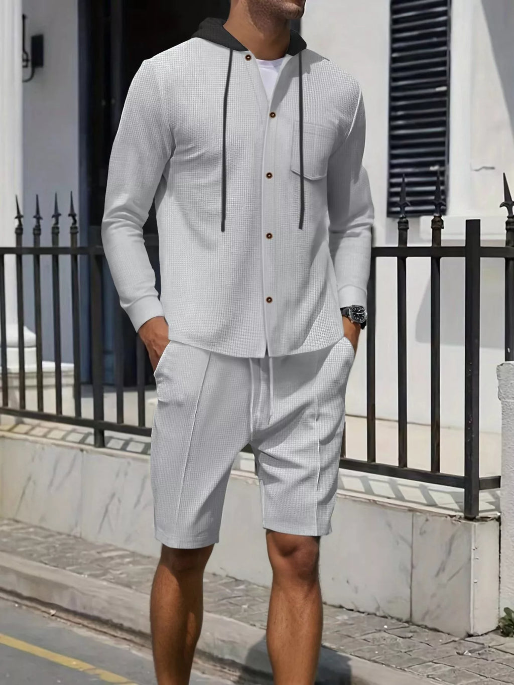 Men's Full Size Casual Hooded Button-Up Top and Shorts Set Plus Size - Lilixa.store