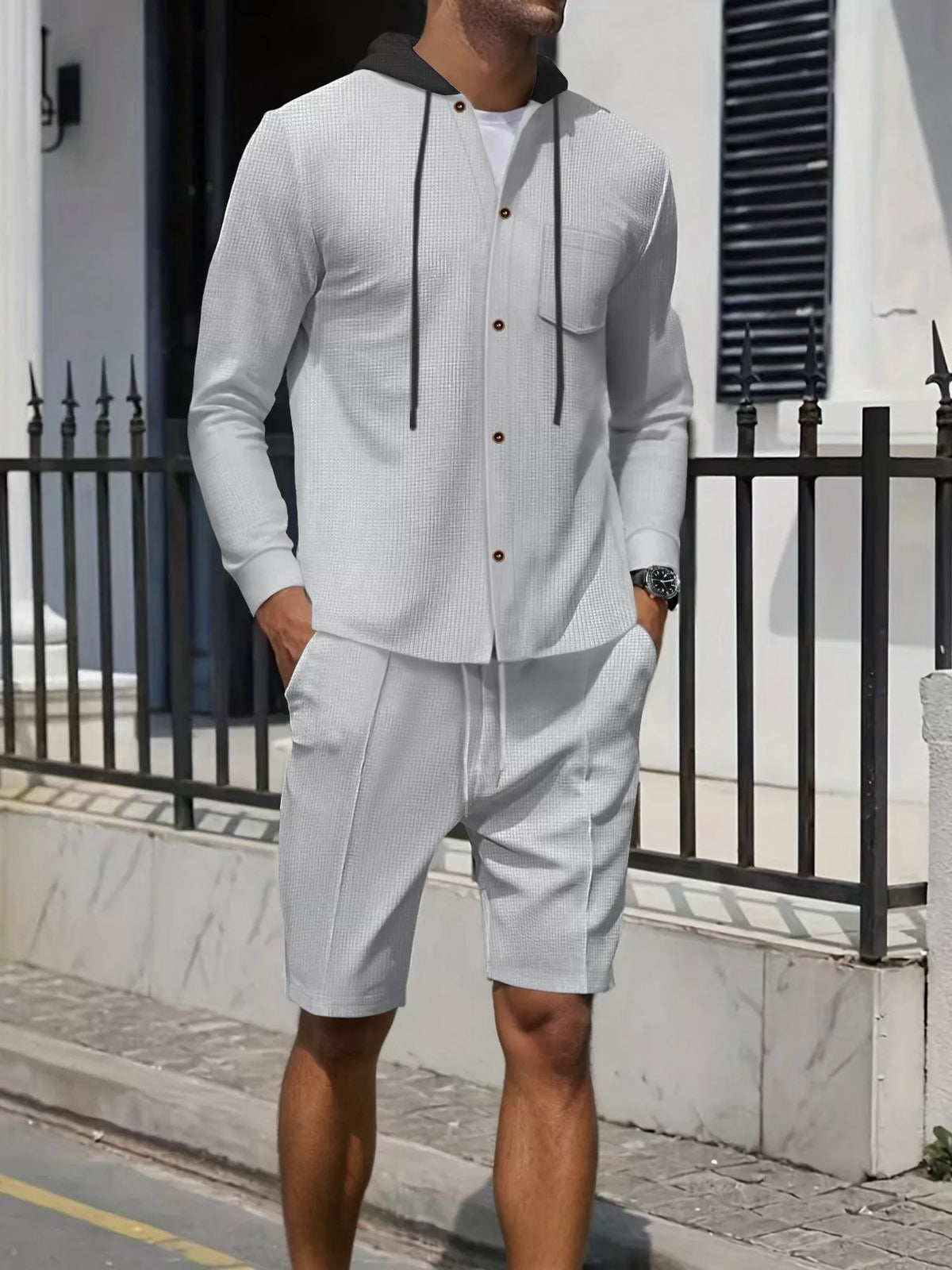Men's Full Size Casual Hooded Button-Up Top and Shorts Set Plus Size - Lilixa.store