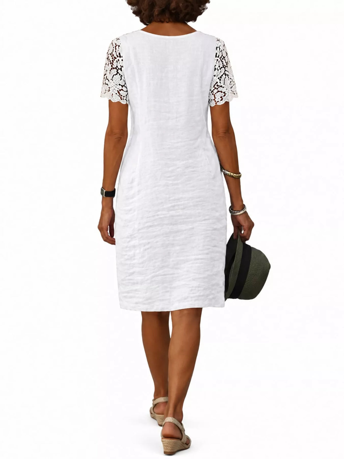 Full Size Scalloped V-Neck Lace Sleeve Mini Dress Plus Size in White, view 3