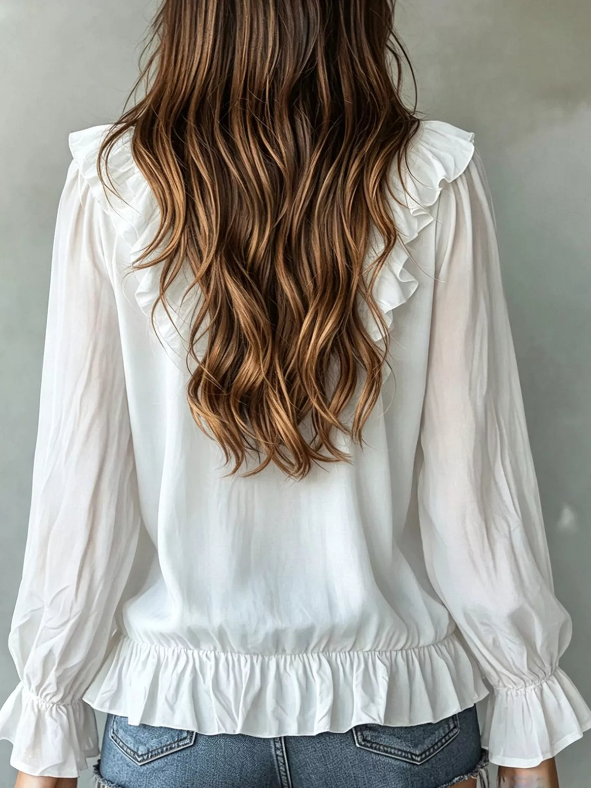 Ruffle V-Neck Long Sleeve Blouse