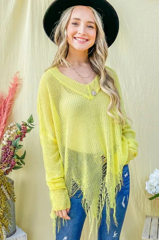 And The Why Distressed Mesh V Neck Spring Sweater Cover Up - Lilixa.store