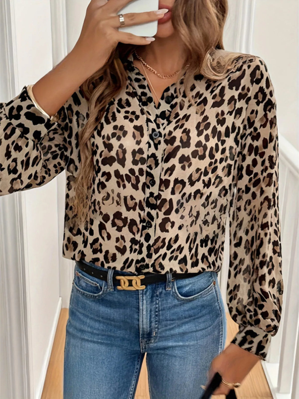 Leopard Print Button-Down Long Sleeve Shirt, view 5