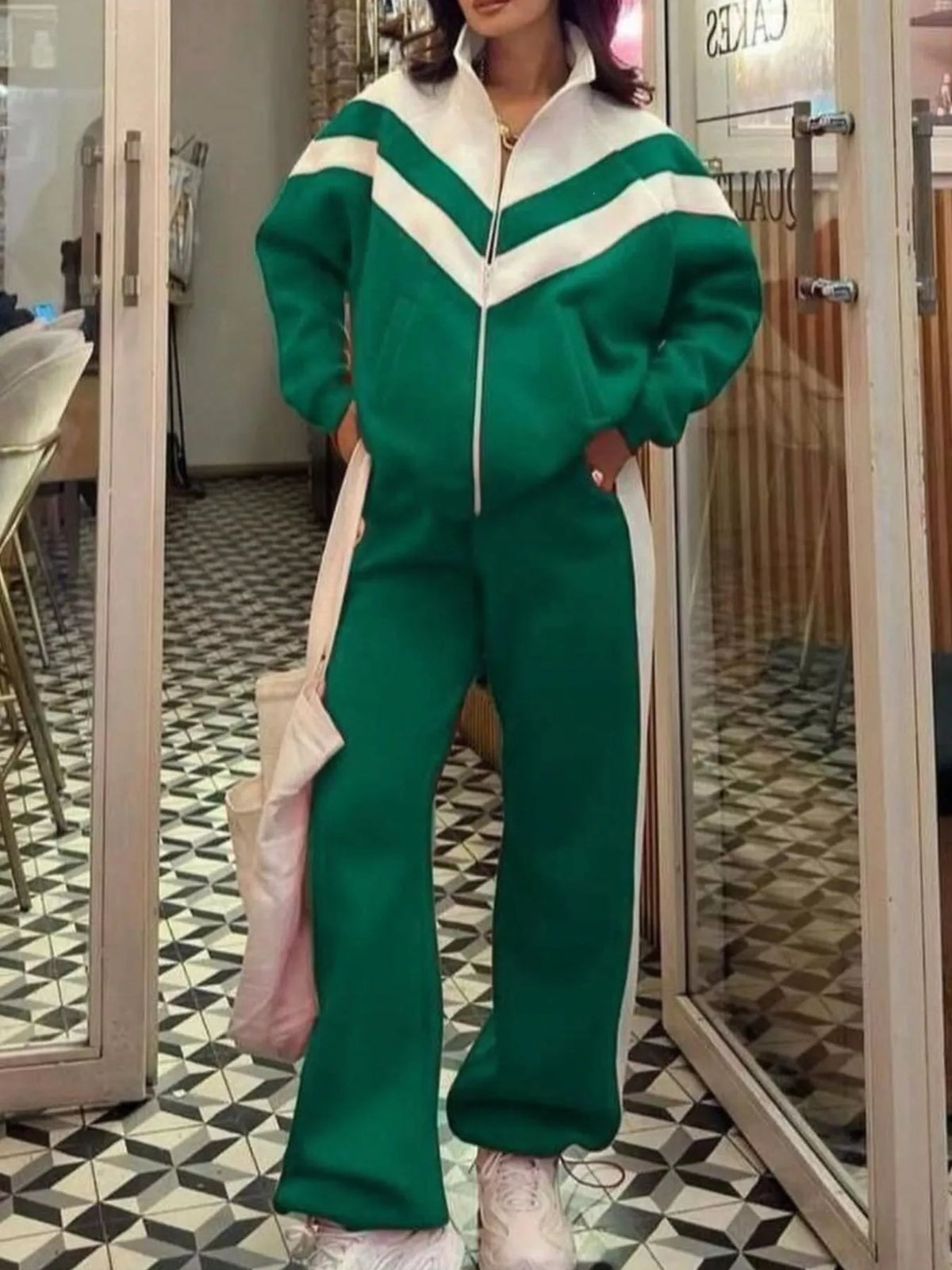 Color Block Zip-Up Outerwear and Pants Set - Lilixa.store