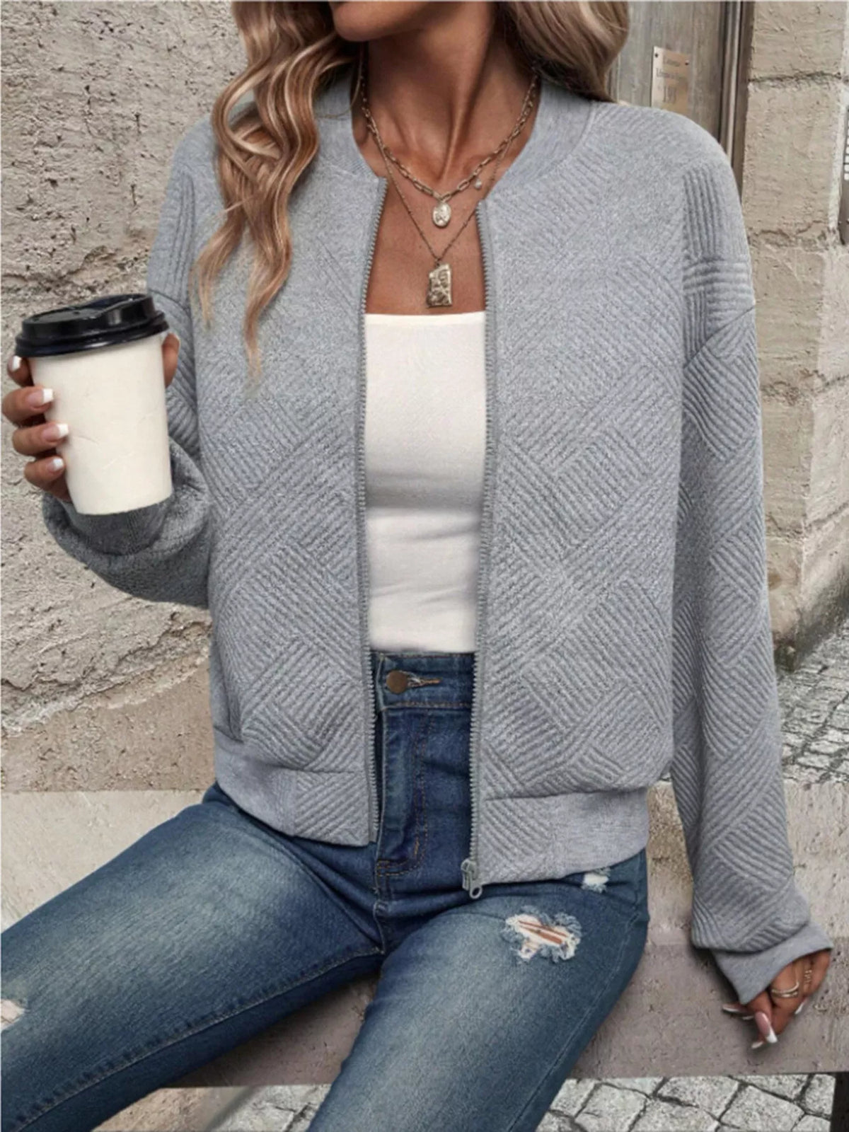 Textured Knit Zip-Up Bomber Jacket, view 19