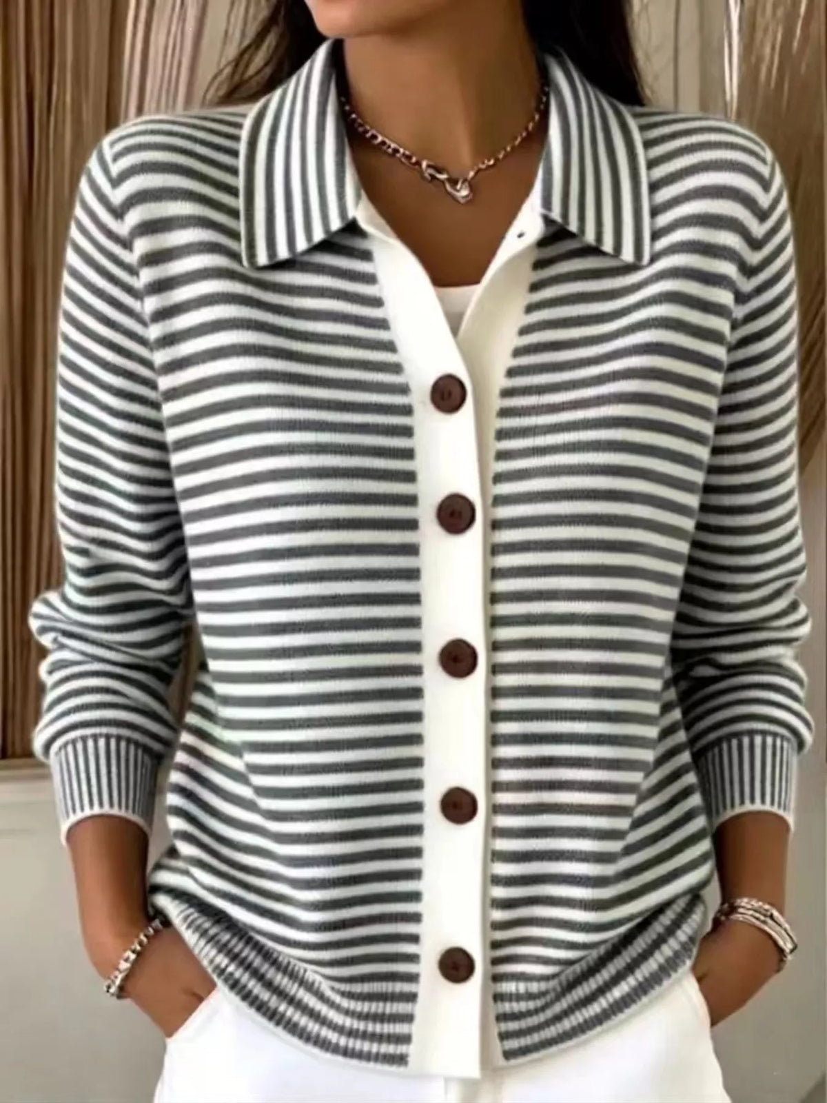 Full Size Striped Button-Down Knit Cardigan Plus Size - Lilixa.store