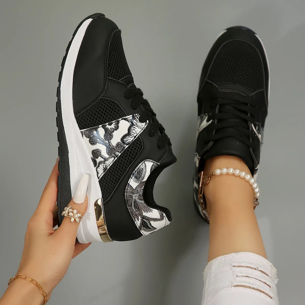 Floral Mesh Wedge Athletic - Lilixa.store