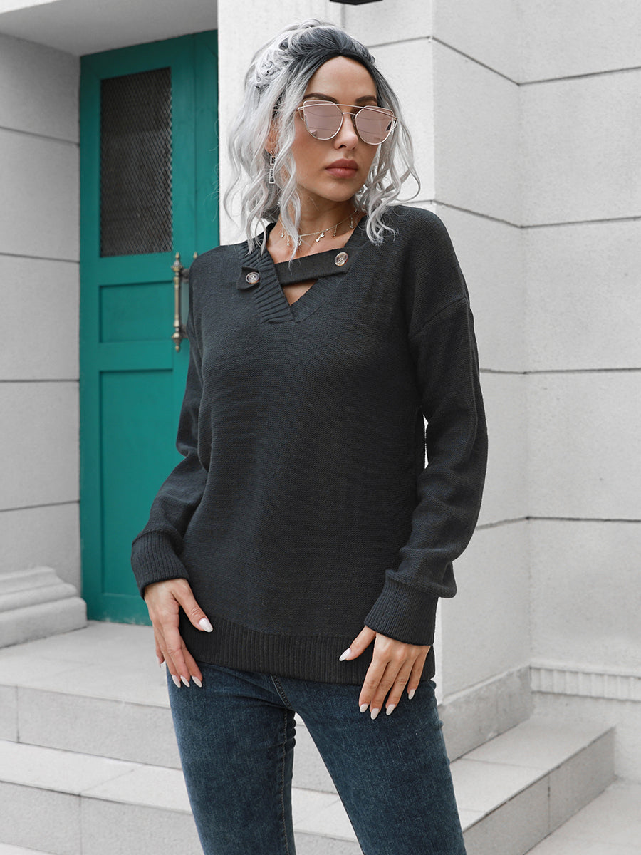 Dropped Shoulder Button Detail Sweater, view 2