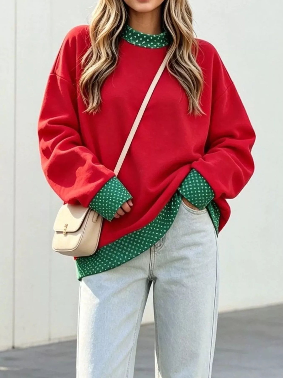 Polka Dot Contrast Trim Dropped Shoulder Sweatshirt - Lilixa.store