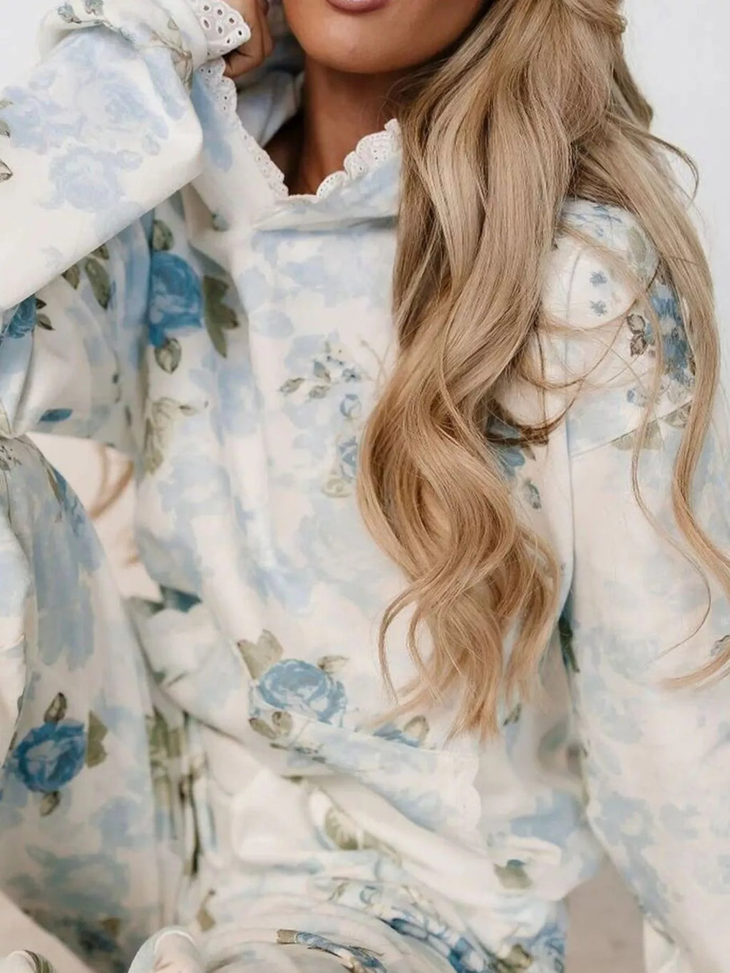 Lace Trim Kangaroo Pocket Hoodie - Lilixa.store
